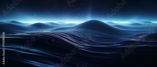 Dark and deep 3D digital ocean waves, with futuristic tech elements shimmering beneath