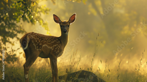 Young deer standing in a misty forest at dawn, its soft fur and gentle eyes evoking a serene and enchanting wildlife scene.