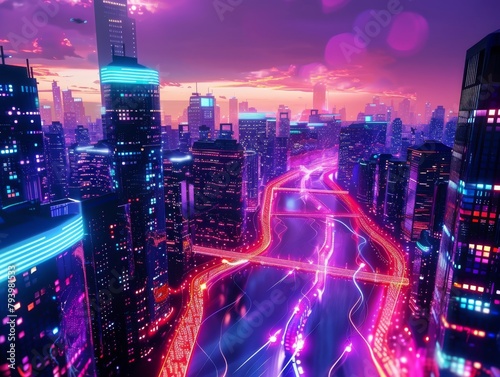 Neon Rivers Serenity: A Vibrant Digital Landscape Illuminated in Glow