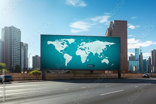 Billboard design featuring a prominent world map as the backdrop, ideal for global marketing campaigns and multinational advertisements