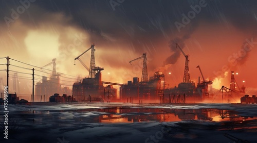 3D artwork of a factory landscape with cranes in operation, enhanced by a dramatic gradient background to highlight the industrial activity