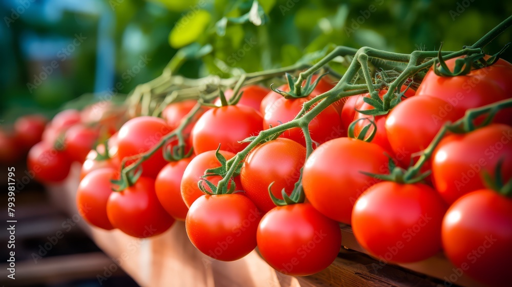 Organic tomatoes on the vine, vibrant red against a greenhouse backdrop, close-up,