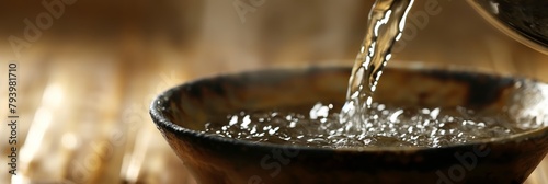 This image captures the rich tradition of Japanese sake being poured into an earthy, traditional cup, evoking a sense of culture and sophistication photo