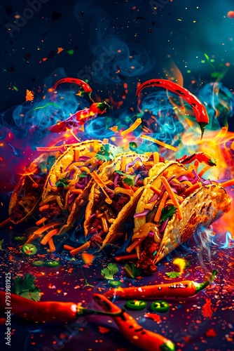 A colorful image of tacos with a lot of smoke.