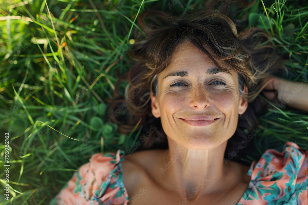 Close-up of middle-aged woman reclining on the grass in a field, with a relaxed attitude enjoying the summer weather. Close-up of middle-aged woman reclining on the grass in a field, with a relaxed attitude enjoying the summer weather.