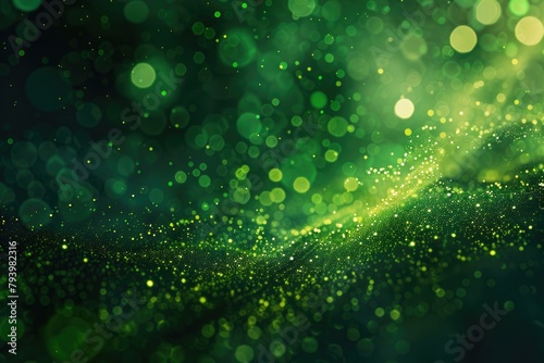 The mesmerizing beauty of a green glow particle abstract background is heightened by moody cinematic lighting, creating an immersive and captivating visual spectacle,