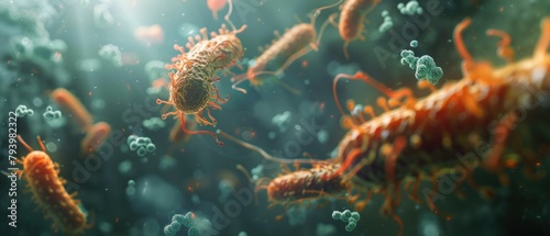 3D rendered bacteria entangled with drug molecules, all under the glow of moody, cinematic lighting in a scientific setting, photo