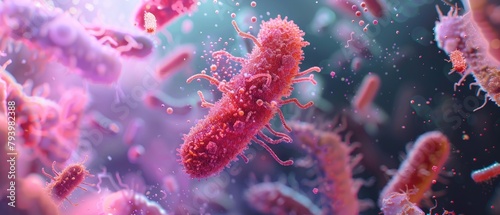 A closeup 3D scene of bacteria and drugs clashing, highlighted by dramatic, moody lighting to emphasize their interaction,