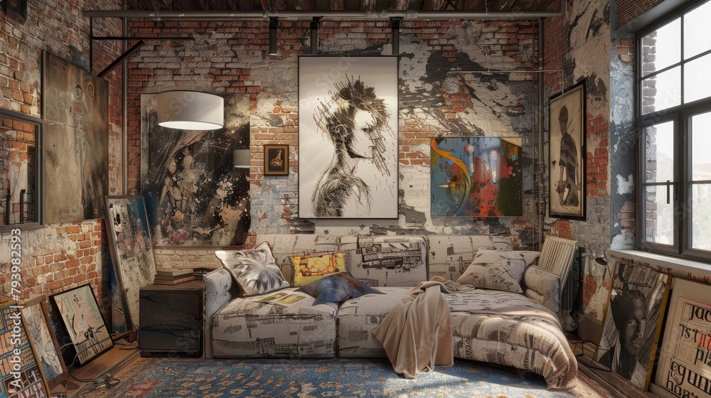 A conceptual art studio featuring a three-seater sofa with dramatic, unconventional styling, juxtaposed with raw brick walls and contemporary art decor