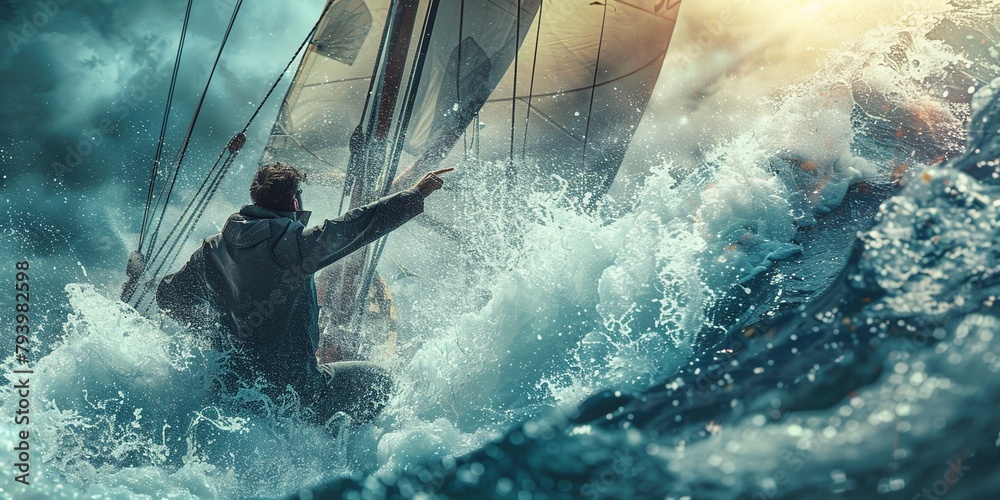 Obraz premium Courage and leadership to win business success, teamwork to help survive crisis, challenge or risk taker concept, businessman captain point finger to lead team sailing boat to survive big wave storm.