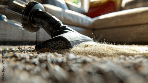 A dynamic scene showing a vacuum nozzle sucking up crumbs from a modern sofa bed, with a focus on the crisp and clean result, perfect for a household setting