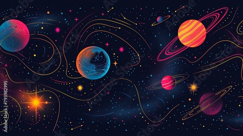 Vibrant digital artwork of a stylized space scene with undulating landscapes and celestial bodies.