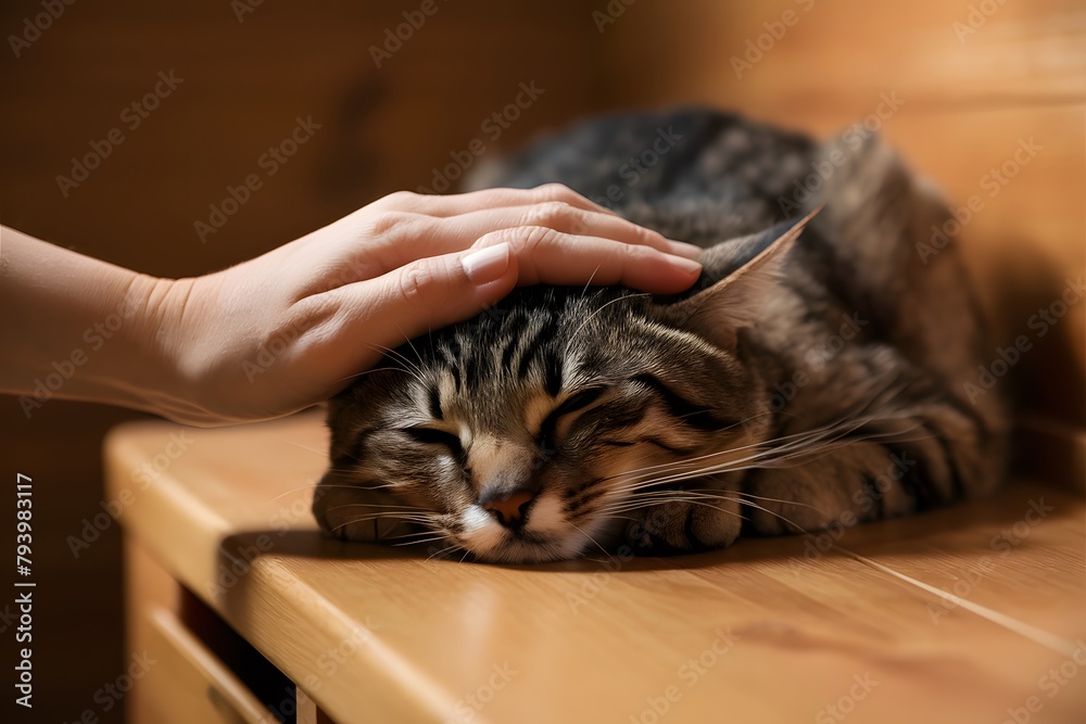 Naklejka premium Hand lovingly pets cat, creating peaceful moment in cozy, glowing indoor setting