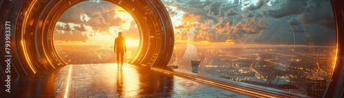 Quantum teleportation hub, travelers stepping through portals to distant worlds photo