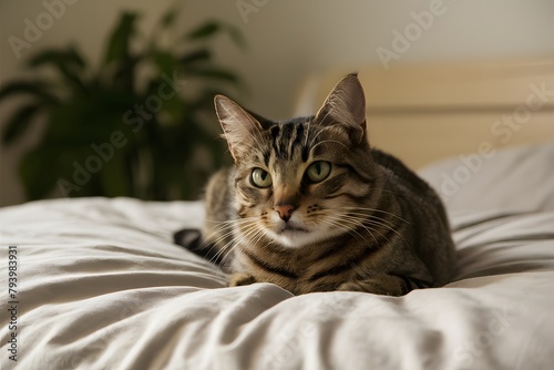 A curious tabby cat with green eyes rests on a white bed, its gaze captivating