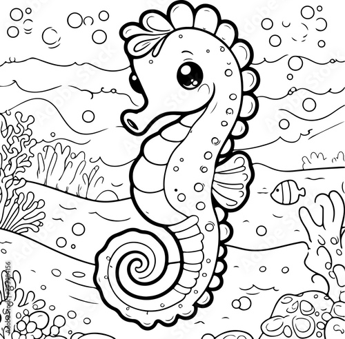 Personnage héros hippocampe  à colorier, ressource pour page ou livre de coloriage. Dessin au trait line art, pour enfant ou adulte. Trait isolé  fond transparent