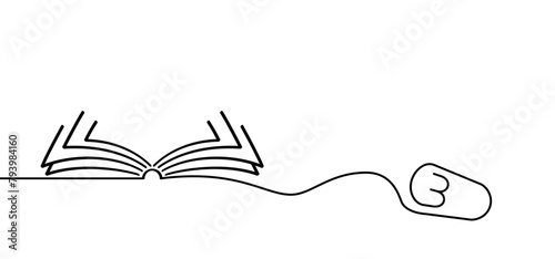 Cartoon epub books or ebooks. Open book and pages with mouse. Download for eReader. Line drawing. Opened books sign. Digital book store logo. Flying pages. World book day. Online library shop.