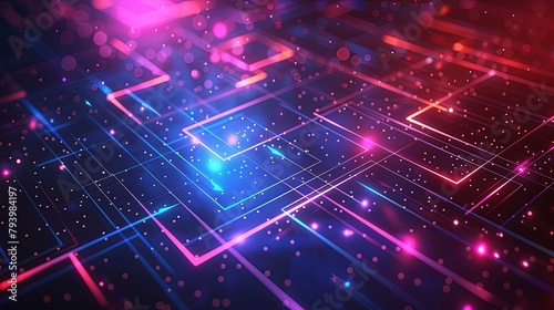 Abstract digital landscape with a glowing neon grid and dynamic lights.