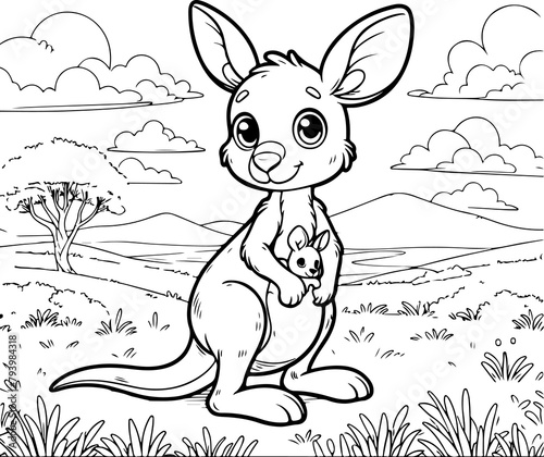 Personnage héros kangourou à colorier, ressource pour page ou livre de coloriage. Dessin au trait line art, pour enfant ou adulte. Trait isolé  fond transparent