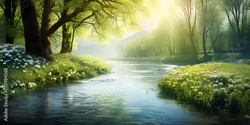 a beautiful river walked with plants and flowers and looked so shinning with sunlight and green and sky background