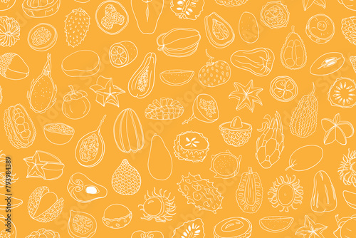 Seamless pattern of tropical and exotic fruits. Rambutan, longan, mangosteen, lychee, guava, dragon fruit, starfruit, soursop, kiwano, fig, durian, salak. Hand drawn. Wallpaper. Doodle.