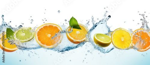 Citrus fruits like oranges, lemons, and limes dropping into a pool of water