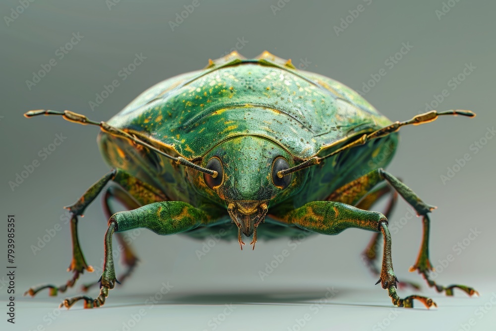 Fototapeta premium A green bug with brown spots on its head and body