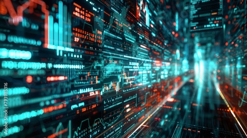 A deep dive into a futuristic cyber tunnel with streaming data and digital code, symbolizing high-speed information transfer and connectivity.