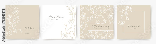Floral elegant background with hand drawn flower elements in neutral beige. Vector design templates for wedding invitation, card, poster, business card, flyer, social media post, banner, label © Feodora_21