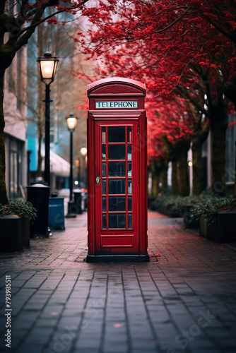 Vintage red phone booth captured on a peaceful city walkway, offering a splash of color and nostalgia in an otherwise tranquil urban scene