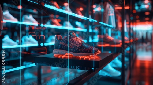 A single sneaker glows under the futuristic neon lights of an advanced high-tech shoe store display. photo