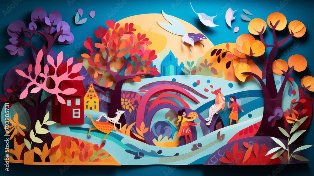 Colorful papercut illustration for a childrens storybook, featuring whimsical scenes made from layered paper, perfect for engaging young minds