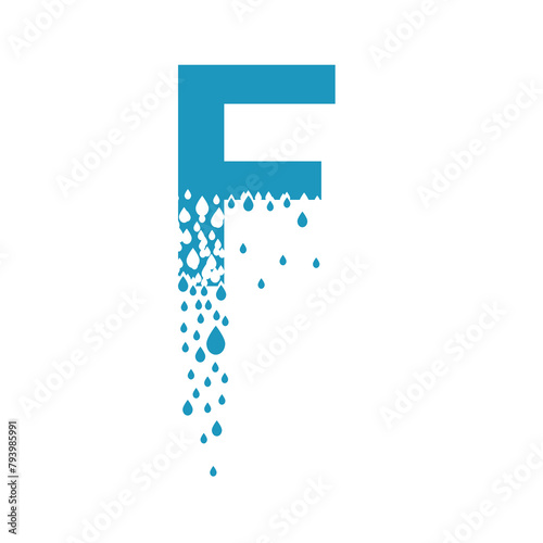 The letter F dissolves into droplets. Drops of liquid fall out as precipitation. Destruction effect. Dispersion