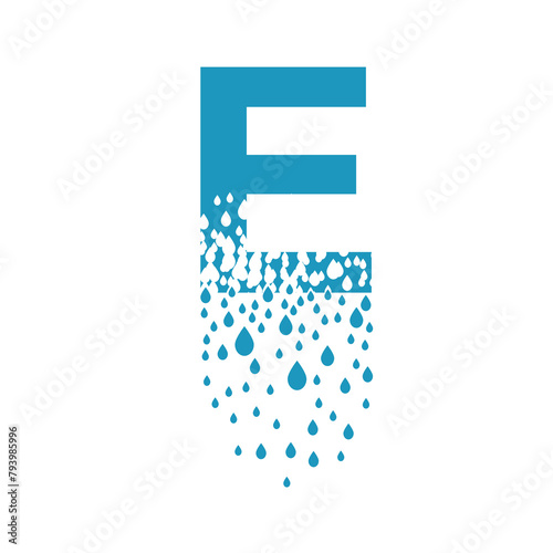 The letter E dissolves into droplets. Drops of liquid fall out as precipitation. Destruction effect. Dispersion