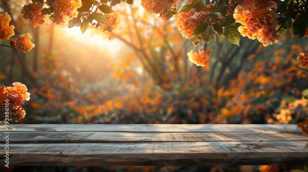 autumn beautiful background with orange lush foliage and flowering branches. Wooden table. autumn beautiful background with orange lush foliage and flowering branches. Wooden table.