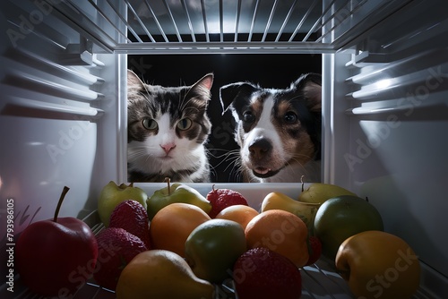 Cat and dog curiously explore fridge filled with fruits, bathed in dim light, creating captivating contrast