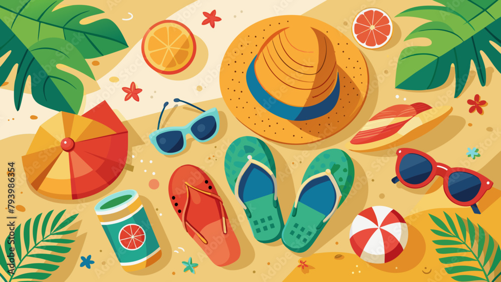 Summer Beach Essentials Featuring Straw Hats, Sunglasses, and Sandals On Sandy Background. concept - safe tourism