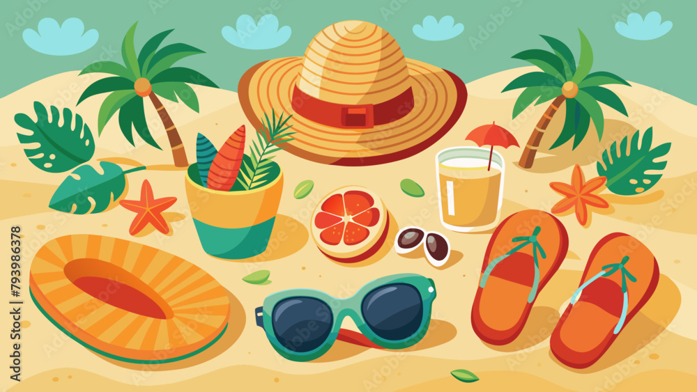 Summer Beach Essentials Featuring Straw Hats, Sunglasses, and Sandals On Sandy Background. concept - safe tourism Summer Beach Essentials Featuring Straw Hats, Sunglasses, and Sandals On Sandy Background. concept - safe tourism
