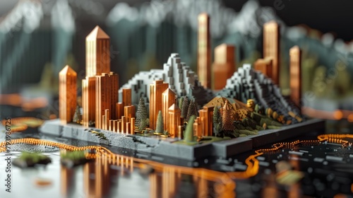 A circuit board with a miniature city on it made of copper.