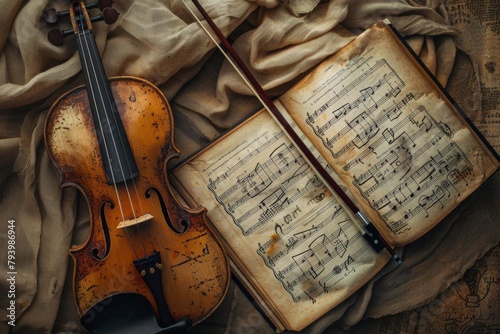 antique violin with bow on vintage music sheet background classical instrument still life photo