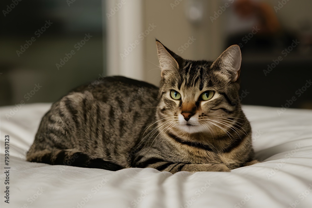 Tabby cat with green eyes laying on white bed, showing off striped fur in blurry room