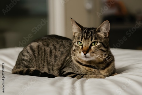 Tabby cat with green eyes laying on white bed, showing off striped fur in blurry room