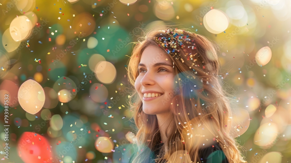 Euphoric celebration, woman's face with flying confetti, ideal for New Year or carnival promotions. Euphoric celebration, woman's face with flying confetti, ideal for New Year or carnival promotions.