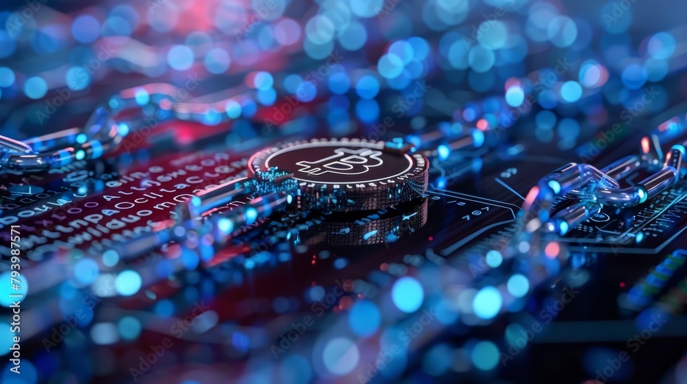 Fototapeta premium A glowing blue circuit board with a bitcoin.