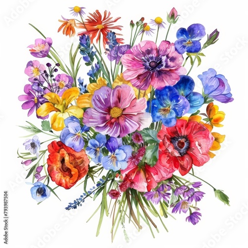 Lush bouquet of spring flowers in vivid watercolors, isolated on white --ar 1:1 Job ID: 84e26de1-a493-486e-a1fd-6fac88229b8e
