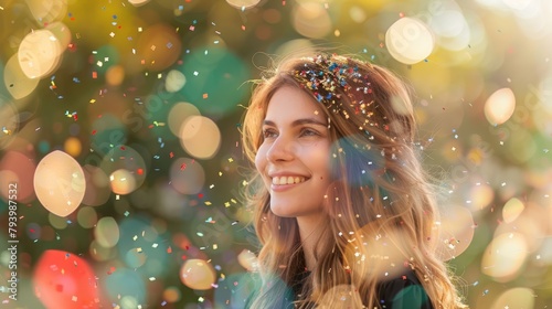 Euphoric celebration, woman's face with flying confetti, ideal for New Year or carnival promotions. photo