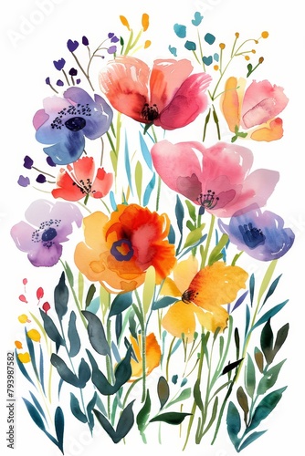 Bright and vibrant spring florals in watercolor, isolated on white --ar 2:3 Job ID: ca3f848e-9b25-45f1-9dd3-e06cd9698b86 © FoxGrafy