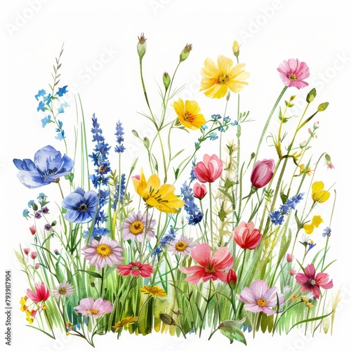 Vivid watercolor clipart, wildflower summer meadow isolated on white