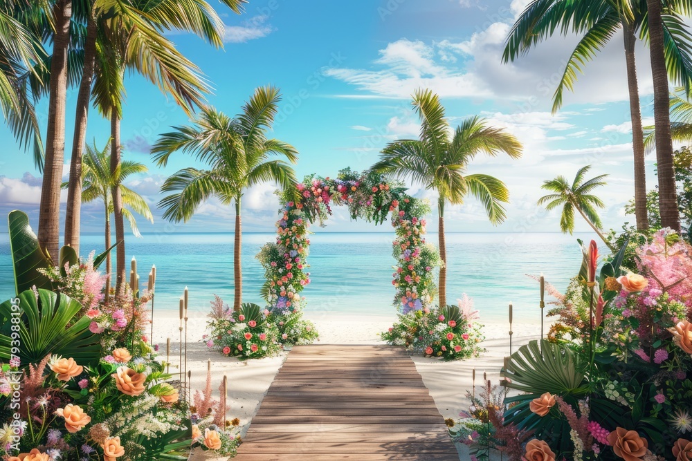 Fototapeta premium Beautiful tropical beach with palm trees, sea and sky background.