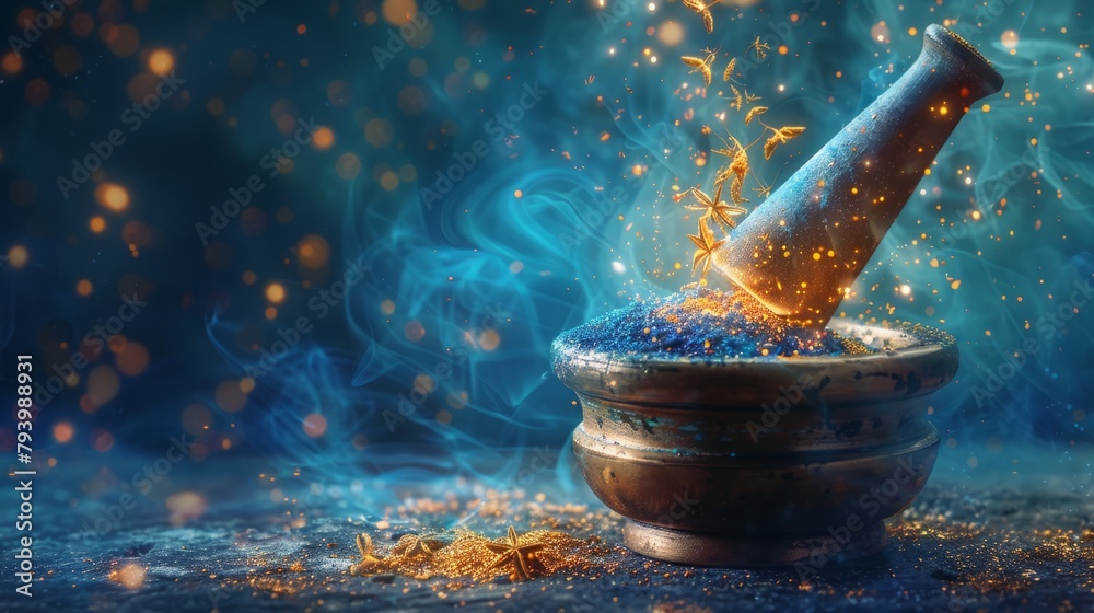 A pestle and mortar with magical glowing blue dust and golden sparkles